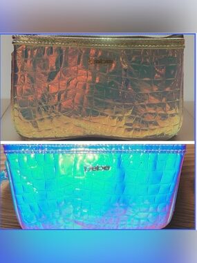 Bebe iridescent holo faux crocodile wristlet